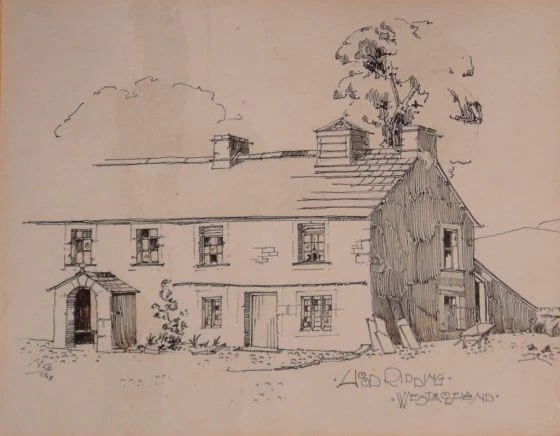 Drawing of Hood Ridding Farm, before it's demolition in 1913