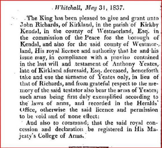 Petiion to William IV to change name to 'Yeates'