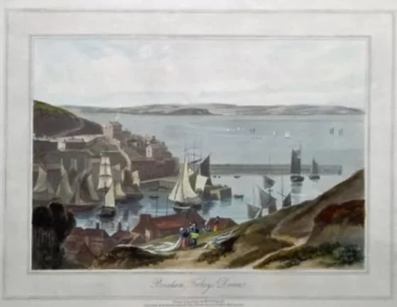 Brixham in 1825 showing a few brown sailed Brixham smacks