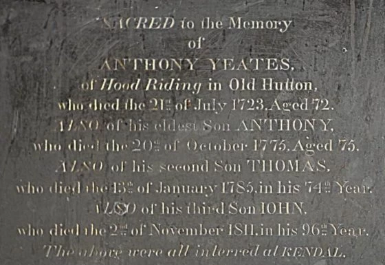 Plaque in Old Hutton Church to the 'Yeates' family