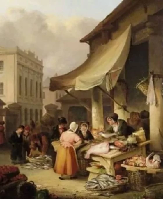 An idealised view of Plymouth Fish Market in about 1820