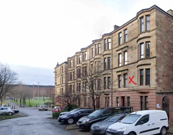 21 Preston Street, Glasgow, marked with a red cross