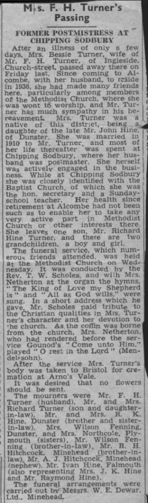 Newspaper article reporting the death of Bessie Hine