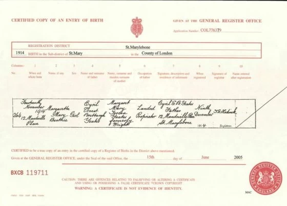Margery Yeates Birth Certificate