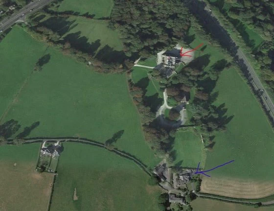 Brettargh Holt (red arrow) and Park Head below (purple arrow)