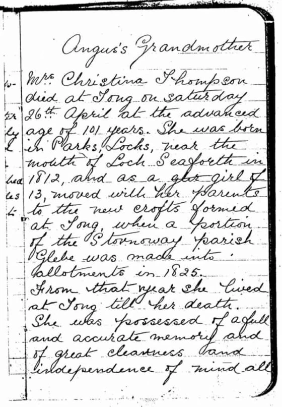 Hand written recollection of Christina MacInnes (cont. below)