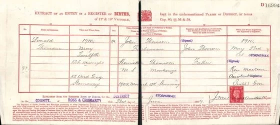 Donald Thomson - Birth Certificate