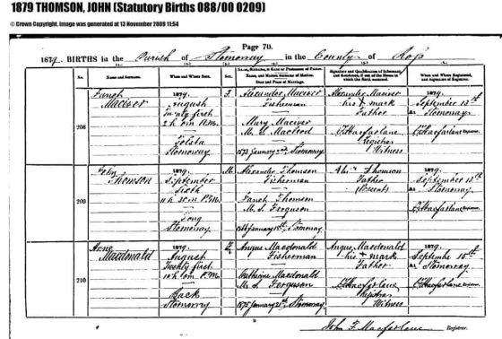 John Thomson Birth Certificate 6 September 1879