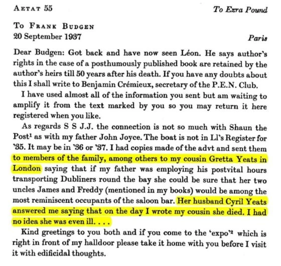 Julia's grand daughter, Gretta Wright corresponded regularly with her cousin James Joyce, and in one of Joyce's published letters above, he expresses his suprise that she had died before he even knew she was ill.
