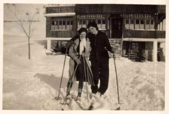 Margery Yeates on left skiing with Doreen Ransome