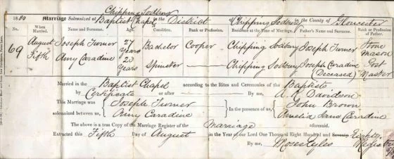 Marriage Certificate Joseph Turner & Amy Caradine 5 Aug 1880