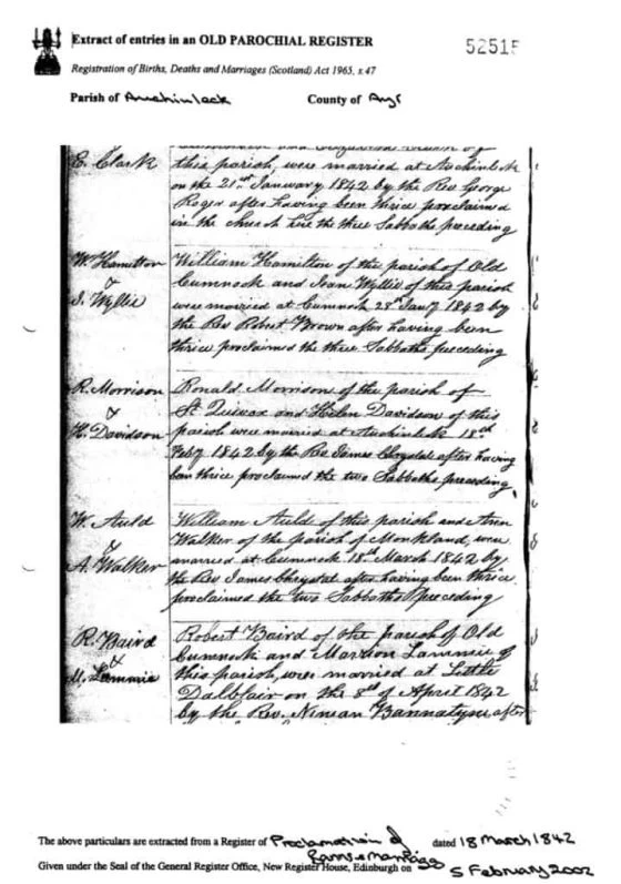 Marriage of William Auld and Ann Walker 18 March 1842