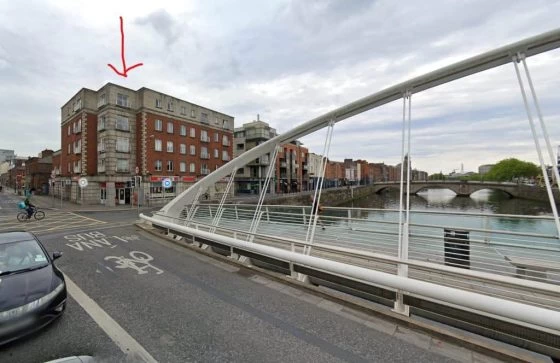 The location of 16 Ellis Quay, Dublin, marked with a red arrow. Photograph from what is now the James Joyce Bridge. The building is clearly later than the one occupied by the Flynn family.