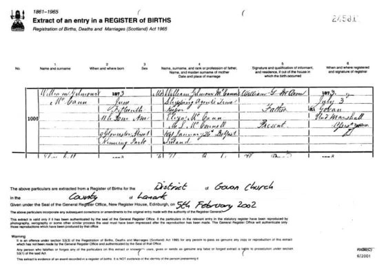 Birth Certificate of their son, also called William Gilmour McCann