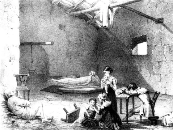 Lithograph of a cottage during the Irish Famine. It is estimated that as a result of the famine about 25% of the population emigrated in order to survive. William McCann and Eliza McConnell moved to Glasgow with their family.