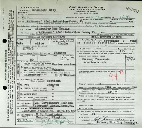 Alexander MacKenzie Death Certificate