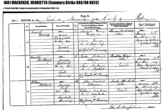 Henrietta Mackenzie - Birth Certificate 18 Jan 1881
