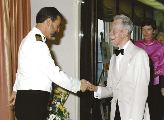 Jack Brown being welcome aboard QE2.
Image courtesy of Christine Schmitt-Mackinnon.