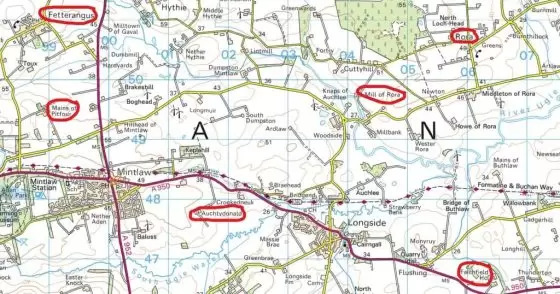 OS Map of Longside, showing key locations in red