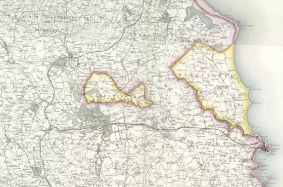 Map of Banff-Buchan area of Aberdeenshire, before 1890. The areas outlined in yellow were geographically detached exclaves of Banffshire prior to 1890.