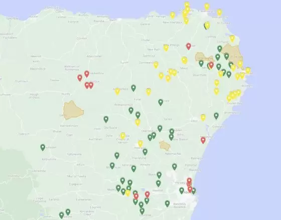 Distribution Map of Aberdeenshire, showing the location of James Thomson Baptisms in Red.