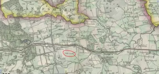 Map of Longside 1857. The farm marked Netherton is the original Manor of Auchtydonald. The areas outlined in yellow were geographically detached parts of Banffshire.