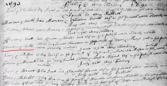 Marriage of James Thomson and Margaret Gibb 27 June 1693