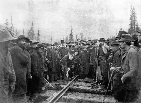 Lord Strathcona hammering the final spike in the Canadian Pacific Railway